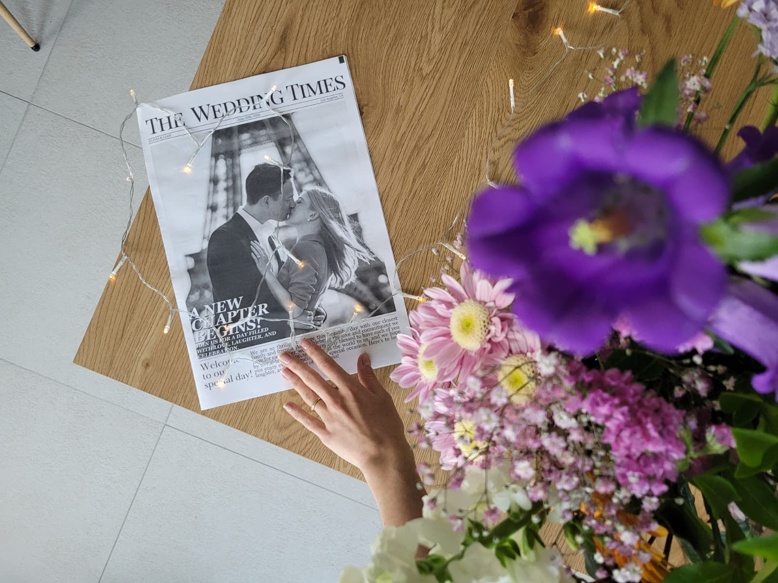 Elovaine wedding newspaper styled for a wedding